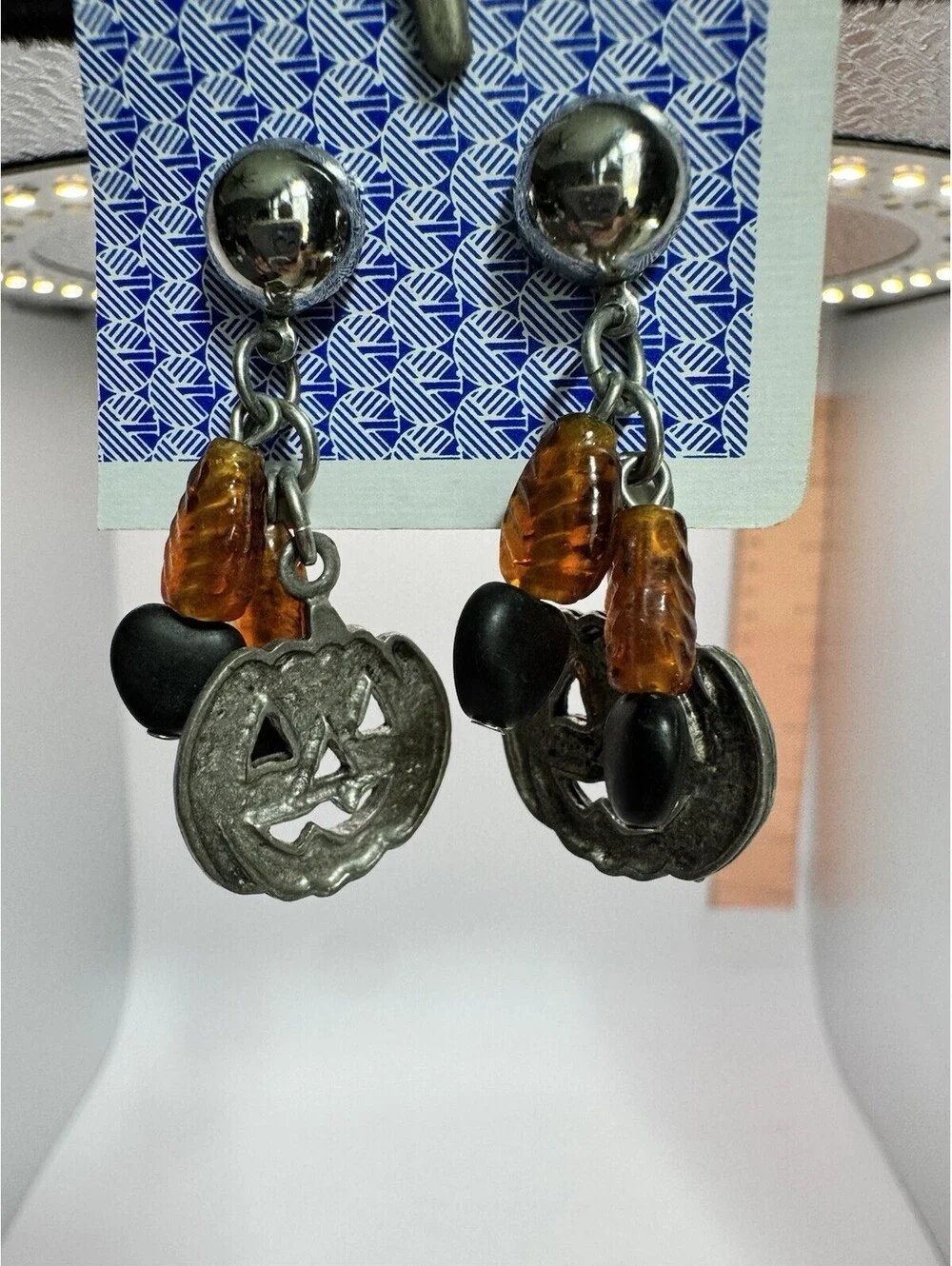 Halloween Jack-O-Lantern Dangle Earrings Silver Tone Amber Black Beaded Charms